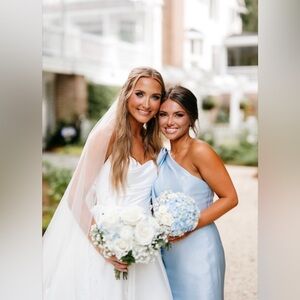 Blue elegant one shoulder dress Dessy Group
 D794 Satin Twill,Mist